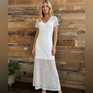 Tommy Bahama White Lace Maxi Dress V-Neck Short Sleeve Lined Sheer Hem Size Med